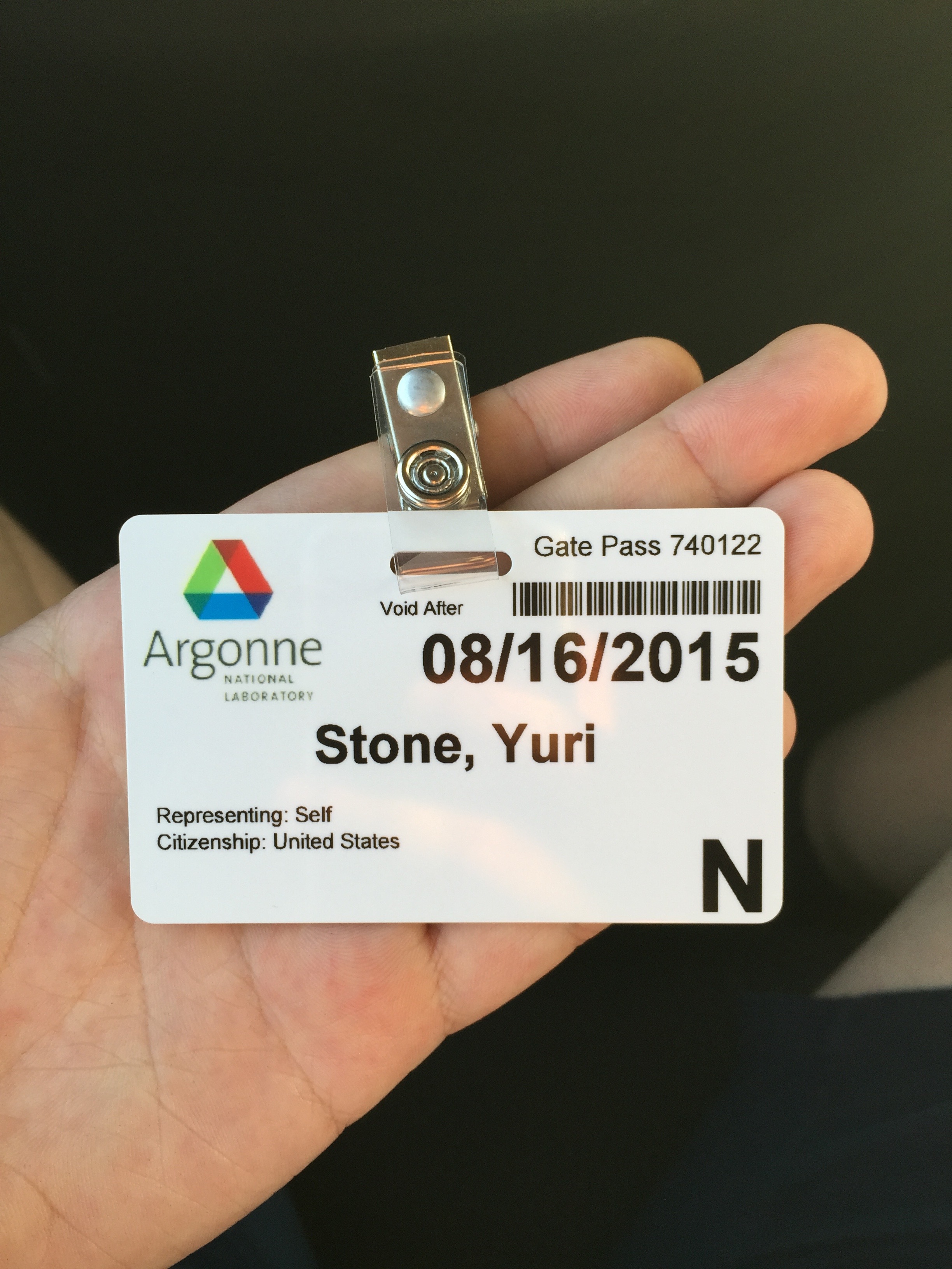 Argonne temporary id badge. 